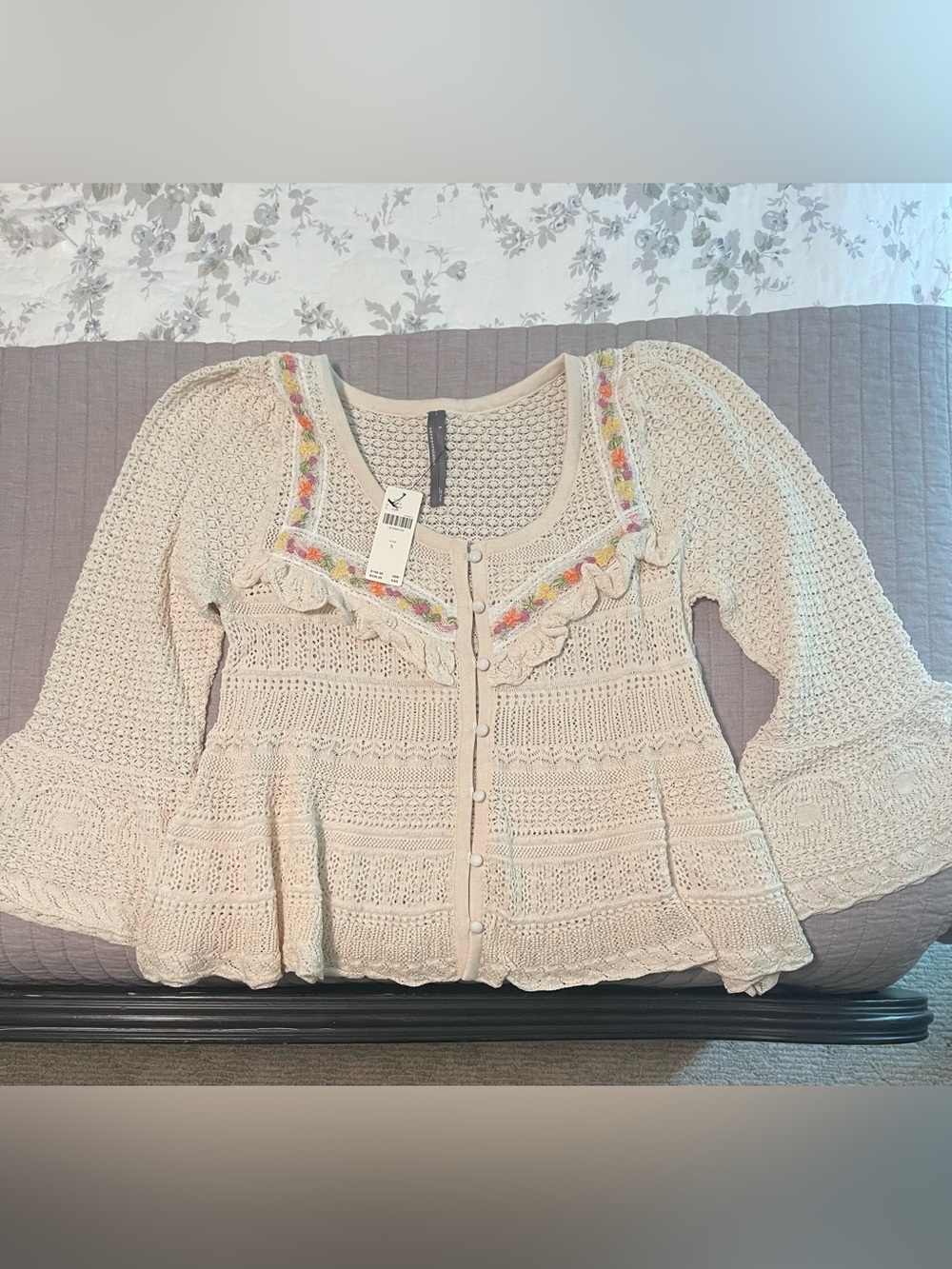 NWT Anthropologie Cream Crochet Knit Button-Front Sweater with Ruffle Trim